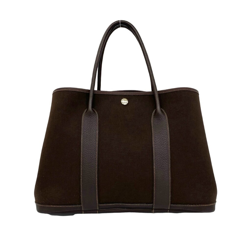 HERMES Garden Party PM Toile H Buffalo Leather Handbag, Chocolate Brown, 31639